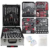 Arebos Aluminium Werkzeugkoffer gefüllt | Werkzeug-Set 1200-tlg | Rollkoffer Tragekoffer | Werkzeugtasche für Haushalt,Garage & Werkstatt | Werkzeugkiste mit 4 Fächern & Teleskopgriff | Silber